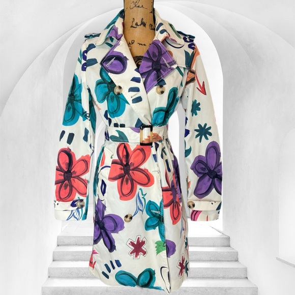 Rare DESIGUAL happy flower white trench coat graffiti paint Large - Picture 2 of 9
